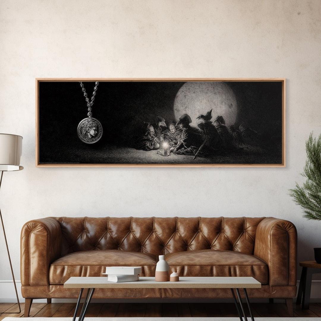 The Moonstone Amulet, Renaissance Engraving Art, Extra Wide Wall Art, Macabre Wall Art, Canvas Print, Halloween Wall Art