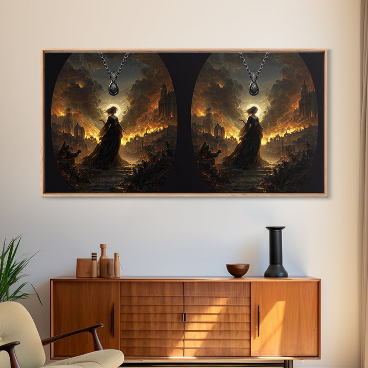 The Moonstone Amulet, Apocalyptic Romantic Art, Wide Panoramic Art, Dark Fantasy Wall Art, Framed Canvas Print, Halloween Wall Art