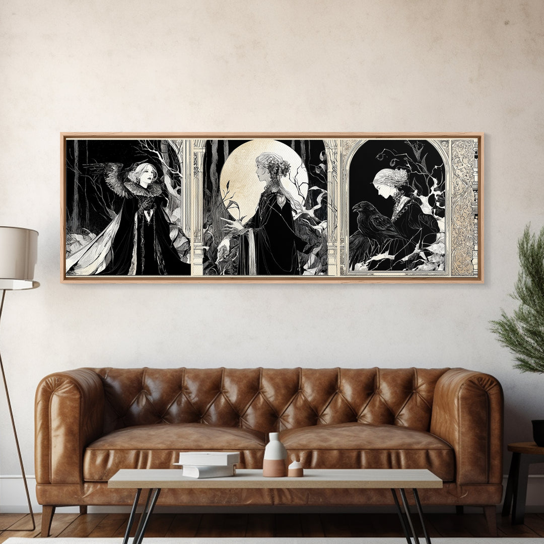 The Moonstone Amulet, Decadent Line Art, Extra Wide Wall Art, Macabre Wall Art, Framed Canvas Print, Halloween Wall Art