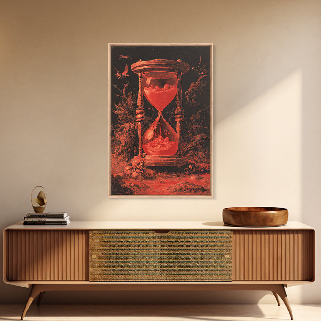 The Crimson Hourglass, Dark Romantic Horror Art, Vertical Wall Art, Dark Halloween Decor, Framed Canvas Print, Halloween Wall Art