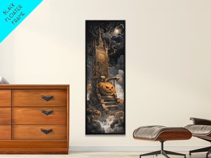 The Jack-O'-Lantern Throne, Gothic Engraving Art, Tall Narrow Wall Art, Dark Halloween Decor, Framed Canvas Print, Halloween Wall Art