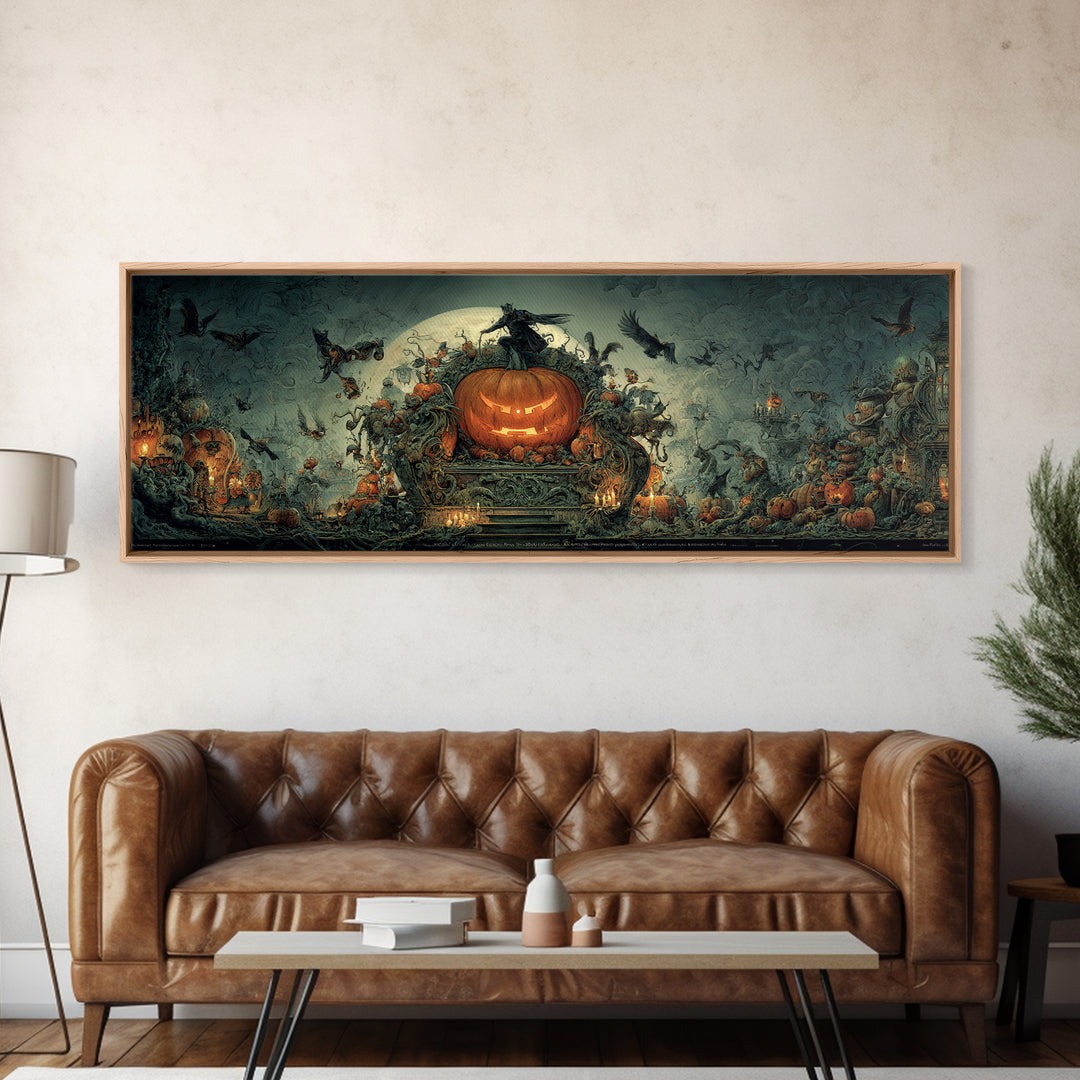 The Jack-O'-Lantern Throne, Medieval Grotesque Art, Extra Wide Wall Art, Dark Fantasy Wall Art, Framed Canvas Print