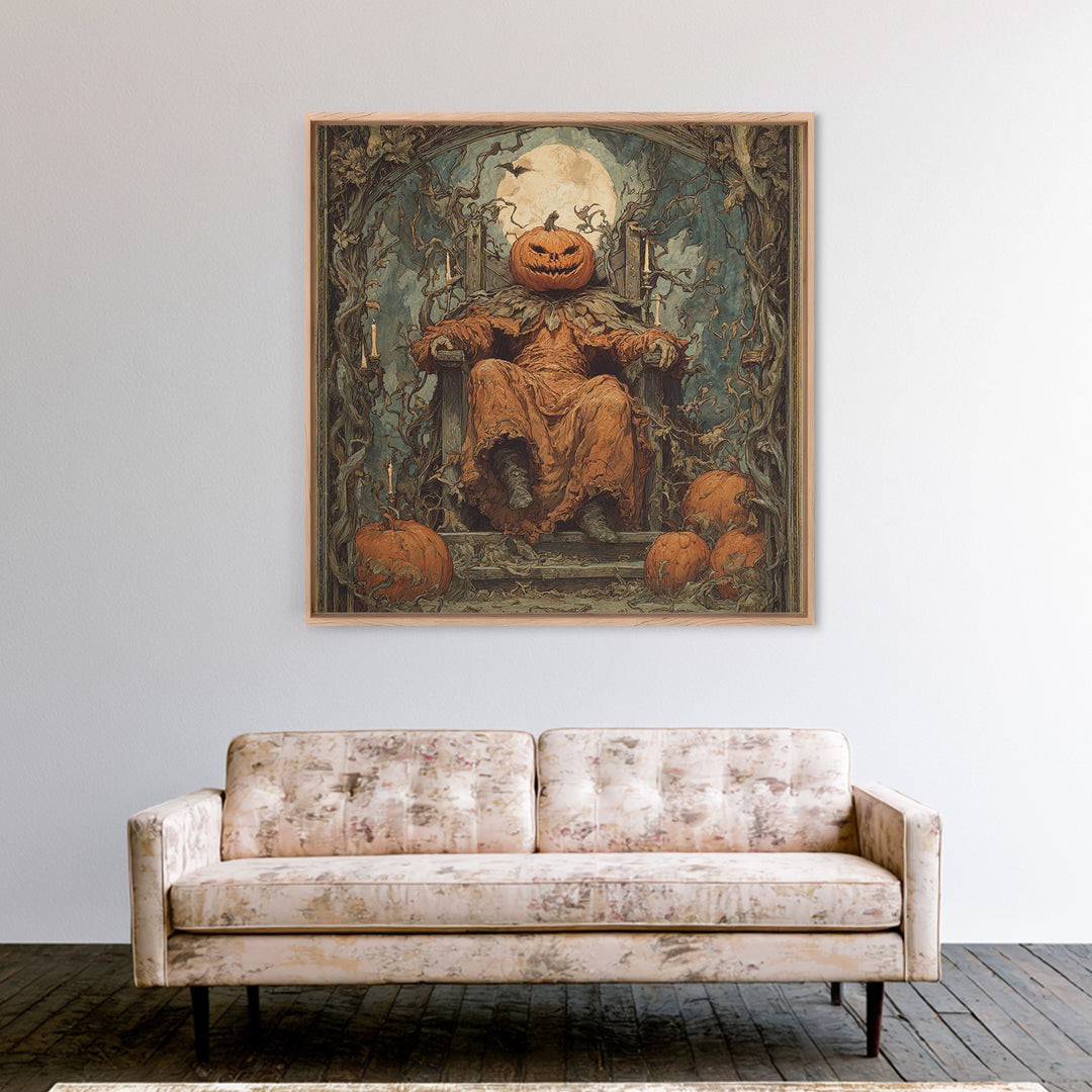 The Jack-O'-Lantern Throne, Dark Renaissance Art, Square Wall Art, Macabre Wall Art, Framed Canvas Print, Halloween Wall Art