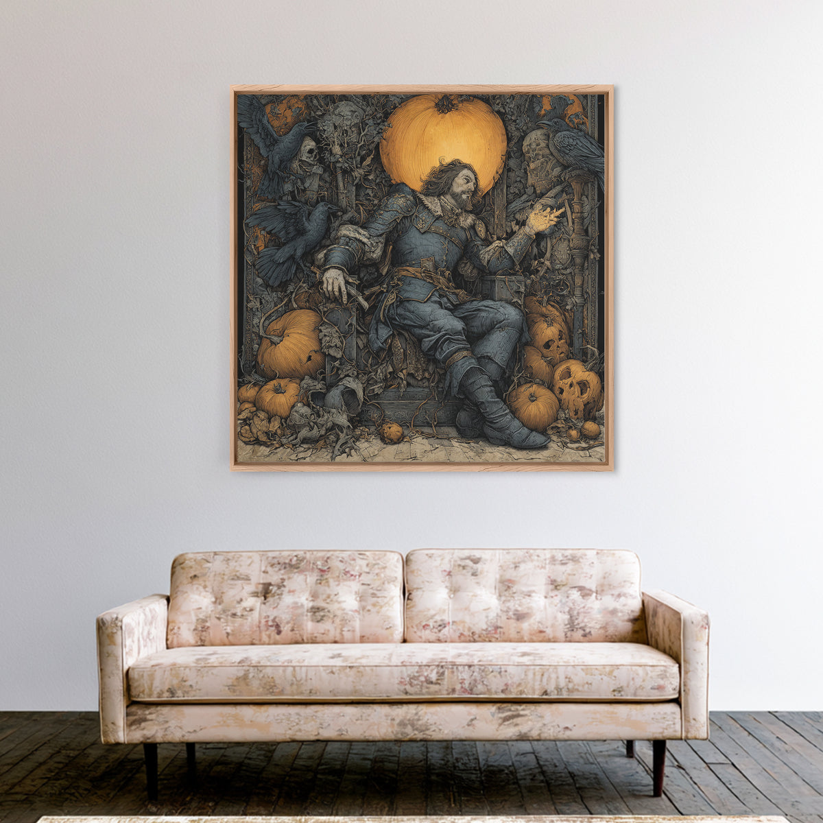 The Jack-O'-Lantern Throne, Renaissance Engraving Art, Square Wall Art, Dark Halloween Decor, Framed Canvas Print, Halloween Wall Art