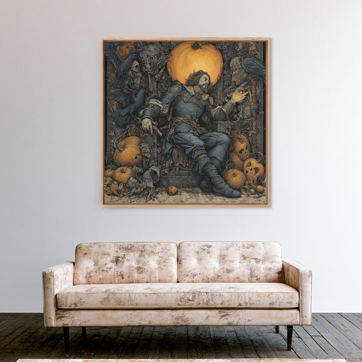 The Jack-O'-Lantern Throne, Renaissance Engraving Art, Square Wall Art, Dark Halloween Decor, Framed Canvas Print, Halloween Wall Art