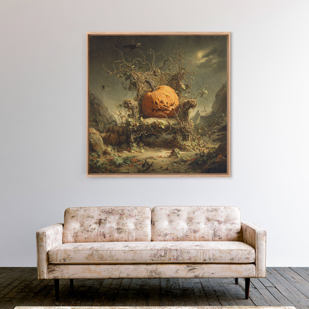 The Jack-O'-Lantern Throne, Baroque Witchcraft Art, Square Wall Art, Dark Halloween Decor, Framed Canvas Print, Halloween Wall Art