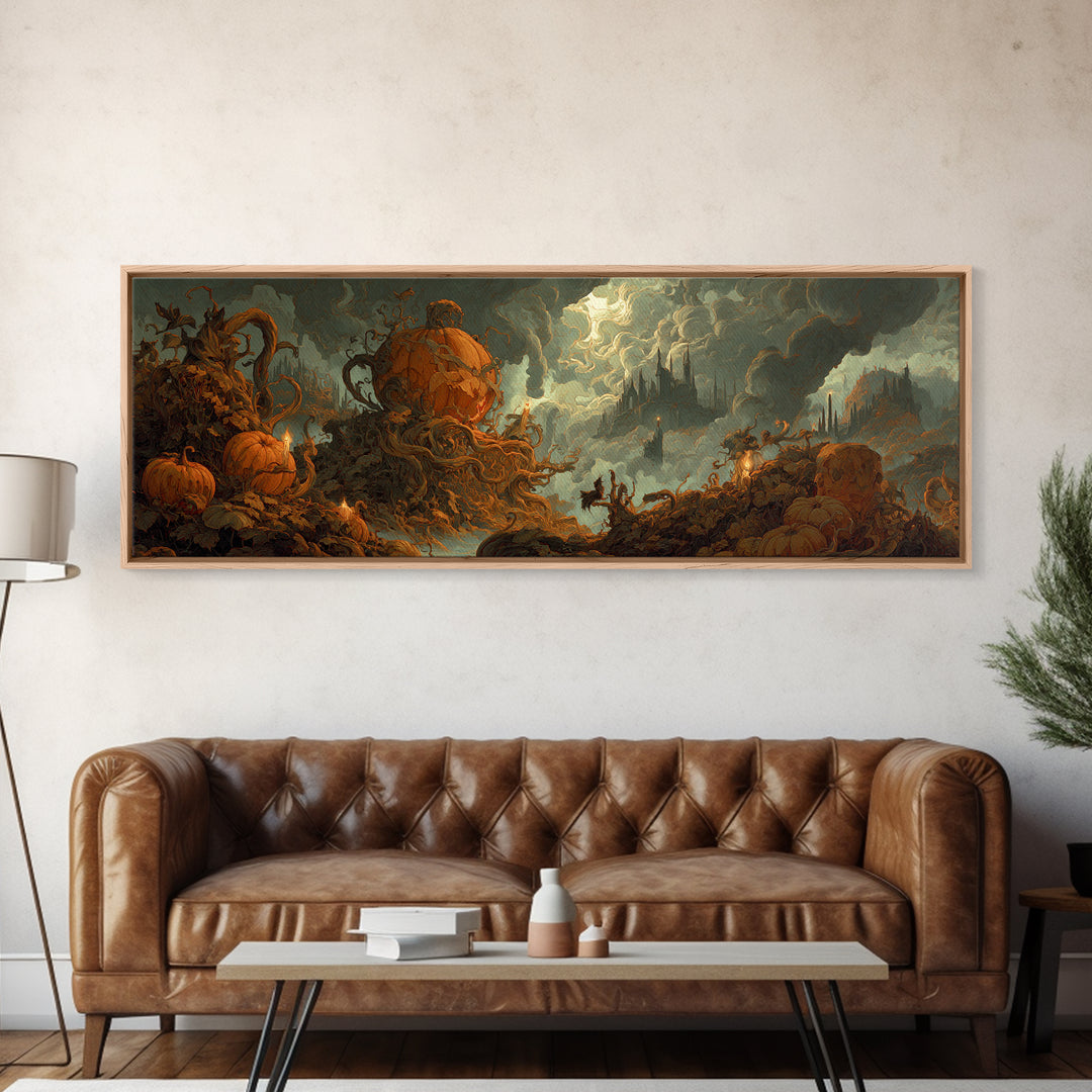 The Jack-O'-Lantern Throne, Apocalyptic Romantic Art, Extra Wide Wall Art, Macabre Wall Art, Framed Canvas Print, Halloween Wall Art