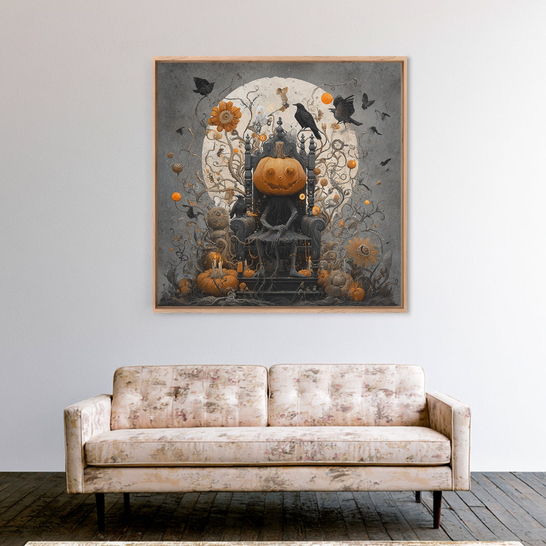 The Jack-O'-Lantern Throne, Symbolist Dream Art, Square Wall Art, Dark Fantasy Wall Art, Framed Canvas Print, Halloween Wall Art