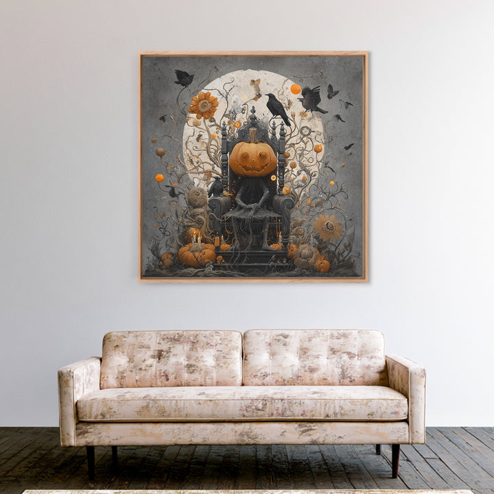 The Jack-O'-Lantern Throne, Symbolist Dream Art, Square Wall Art, Dark Fantasy Wall Art, Framed Canvas Print, Halloween Wall Art