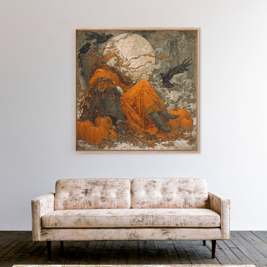 The Jack-O'-Lantern Throne, Symbolist Death Art, Square Wall Art, Dark Fantasy Wall Art, Framed Canvas Print, Halloween Wall Art