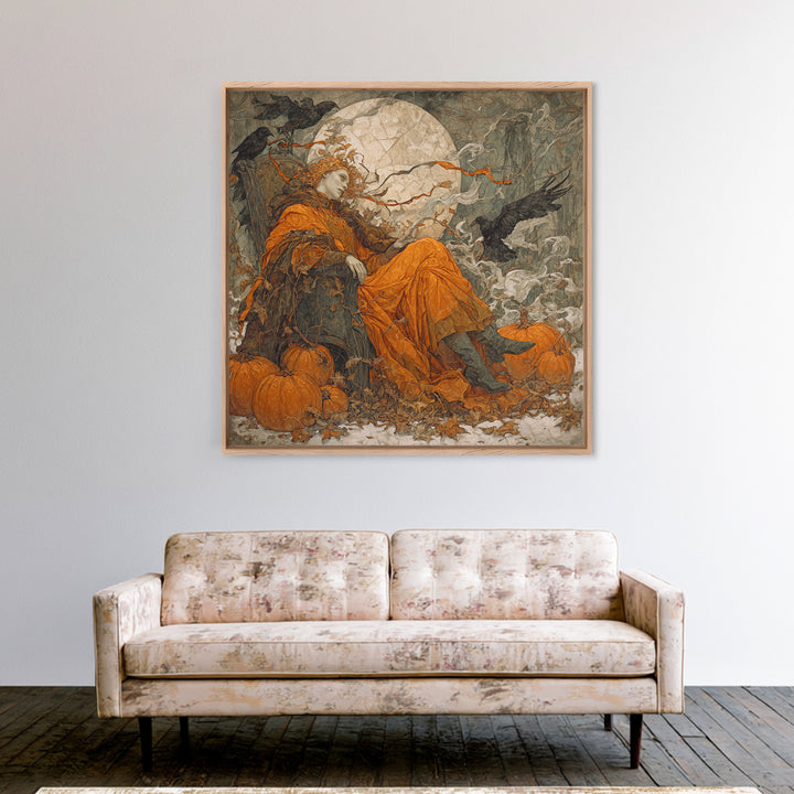 The Jack-O'-Lantern Throne, Symbolist Death Art, Square Wall Art, Dark Fantasy Wall Art, Framed Canvas Print, Halloween Wall Art