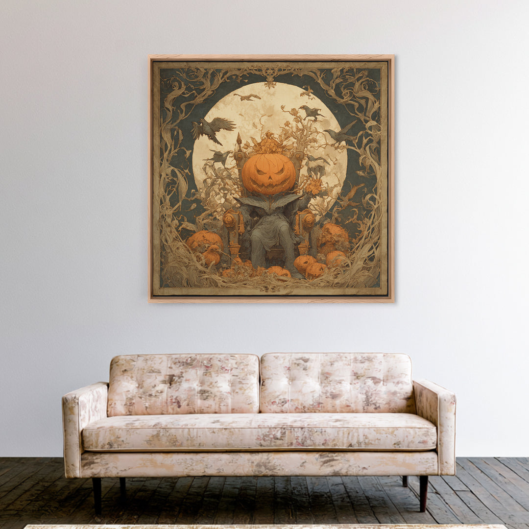 The Jack-O'-Lantern Throne, Symbolist Etching Art, Square Wall Art, Gothic Horror Wall Art, Framed Canvas Print, Halloween Wall Art