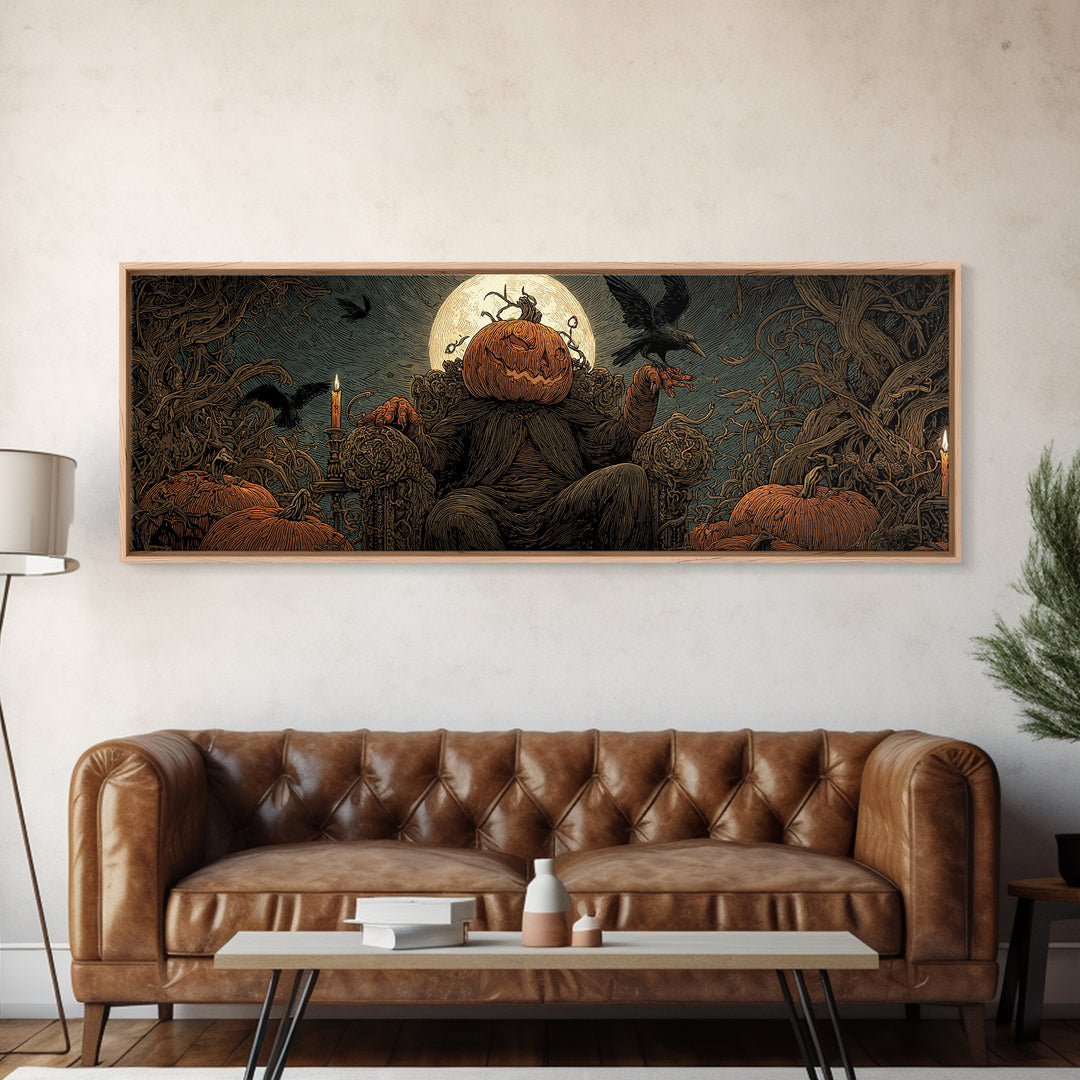 The Jack-O'-Lantern Throne, Expressionist Nightmare Art, Extra Wide Wall Art, Macabre Wall Art, Canvas Print, Halloween Wall Art