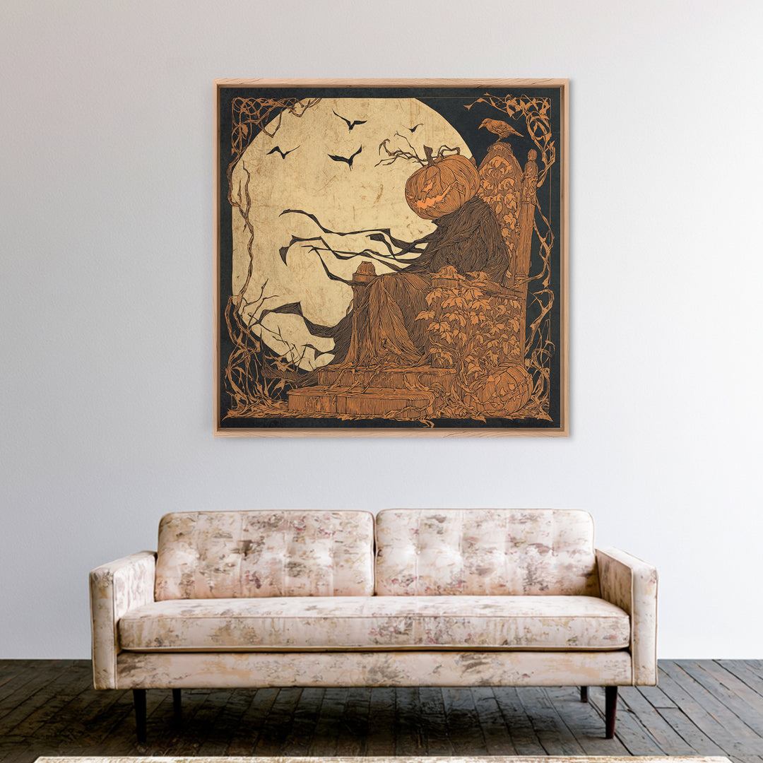 The Jack-O'-Lantern Throne, Decadent Line Art, Square Wall Art, Dark Halloween Decor, Framed Canvas Print, Halloween Wall Art