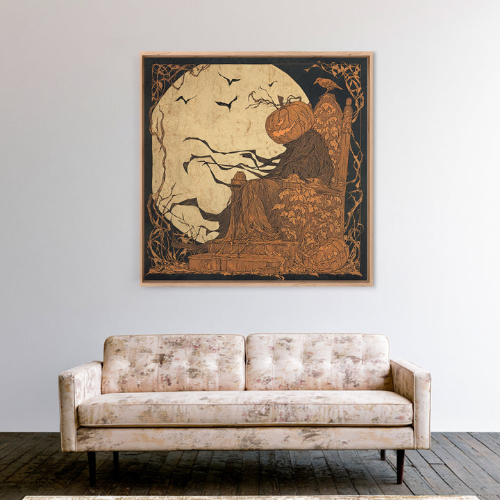 The Jack-O'-Lantern Throne, Decadent Line Art, Square Wall Art, Dark Halloween Decor, Framed Canvas Print, Halloween Wall Art