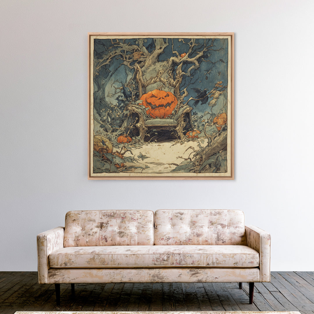 The Jack-O'-Lantern Throne, Gothic Storybook Art, Square Wall Art, Macabre Wall Art, Canvas Print, Halloween Wall Art
