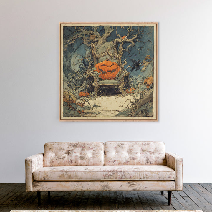 The Jack-O'-Lantern Throne, Gothic Storybook Art, Square Wall Art, Macabre Wall Art, Canvas Print, Halloween Wall Art