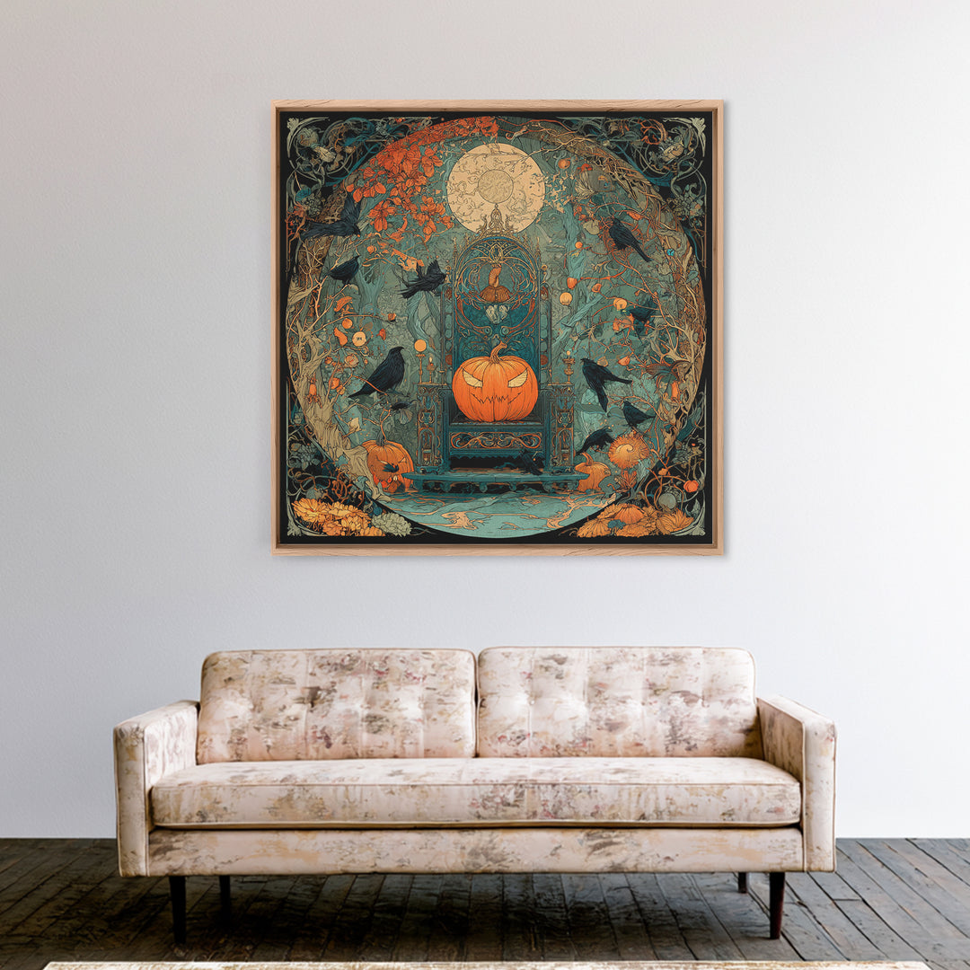 The Jack-O'-Lantern Throne, Stained Glass Gothic Art, Square Wall Art, Macabre Wall Art, Framed Canvas Print, Halloween Wall Art