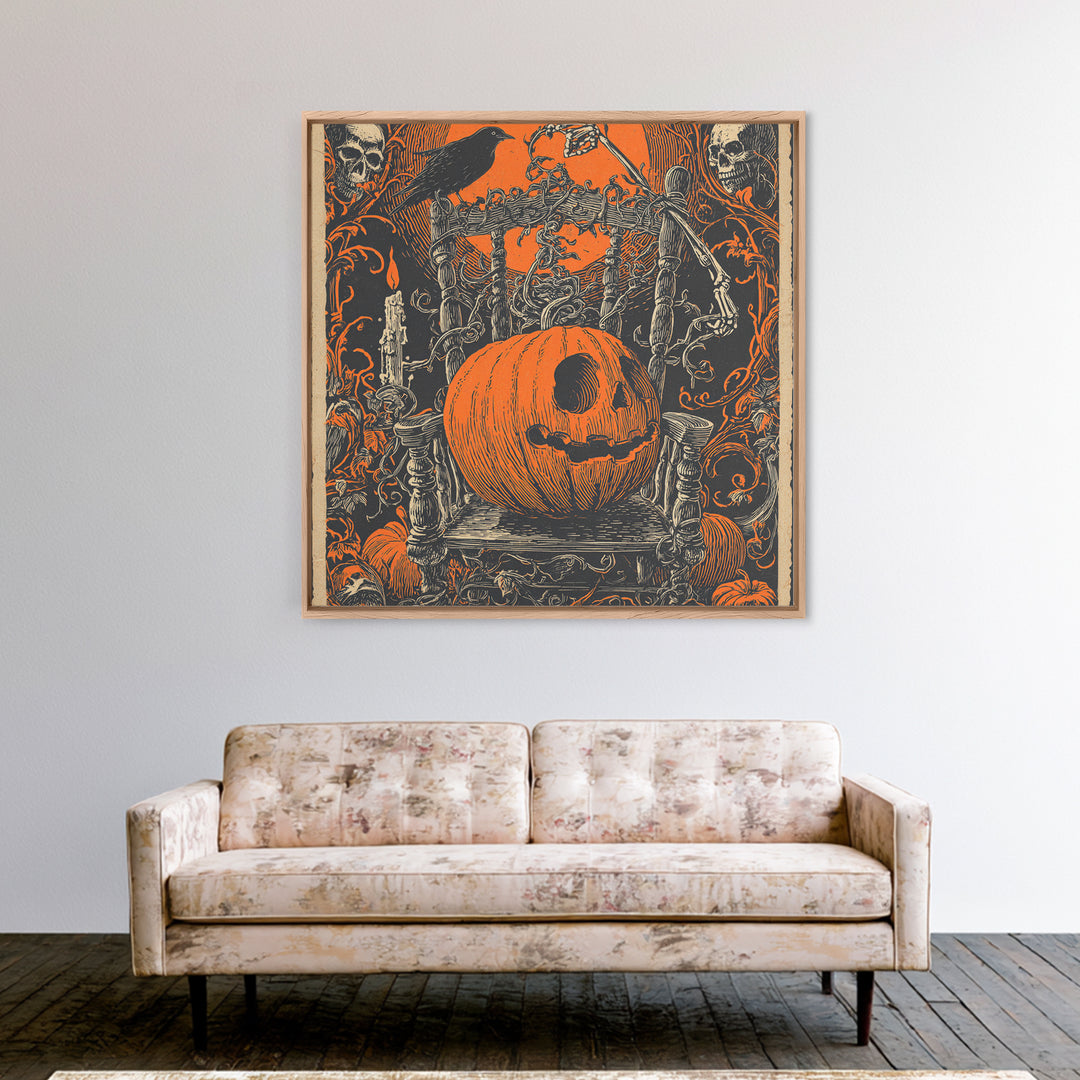 The Jack-O'-Lantern Throne, Macabre Folk Print Art, Square Wall Art, Dark Fantasy Wall Art, Canvas Print, Halloween Wall Art