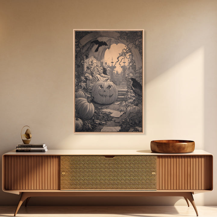 The Jack-O'-Lantern Throne, Victorian Macabre Art, Vertical Wall Art, Gothic Horror Wall Art, Framed Canvas Print, Halloween Wall Art