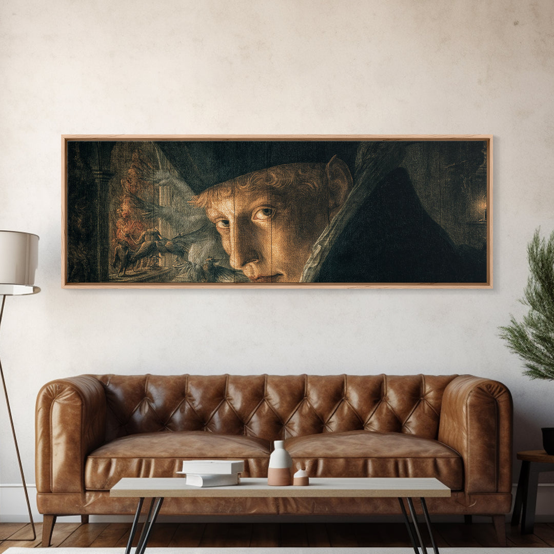The Haunted Portrait, Medieval Grotesque Art, Extra Wide Wall Art, Dark Halloween Decor, Framed Canvas Print, Halloween Wall Art