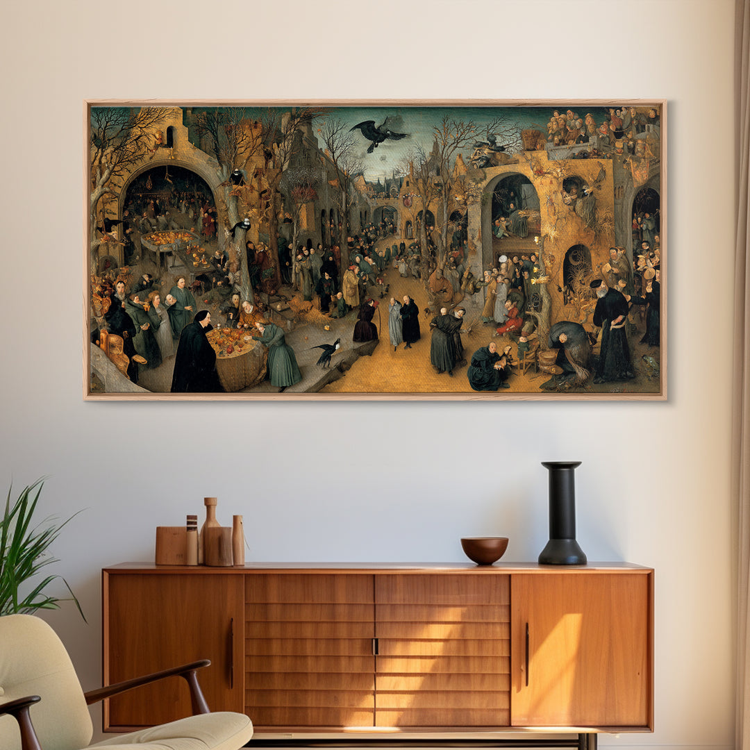 The Haunted Portrait, Northern Renaissance Horror, Wide Panoramic Art, Dark Fantasy Wall Art, Framed Canvas Print, Halloween Decor