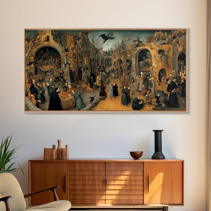 The Haunted Portrait, Northern Renaissance Horror, Wide Panoramic Art, Dark Fantasy Wall Art, Framed Canvas Print, Halloween Decor