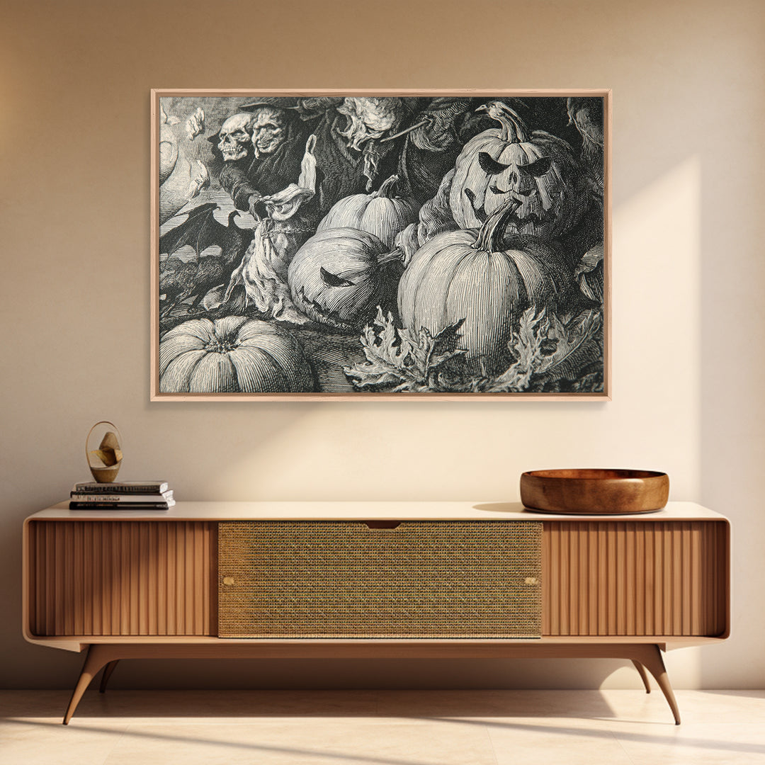 Vintage Orange-And-Black Halloween, Renaissance Engraving Art, Landscape Wall Art, Dark Fantasy Wall Art, Framed Canvas Print