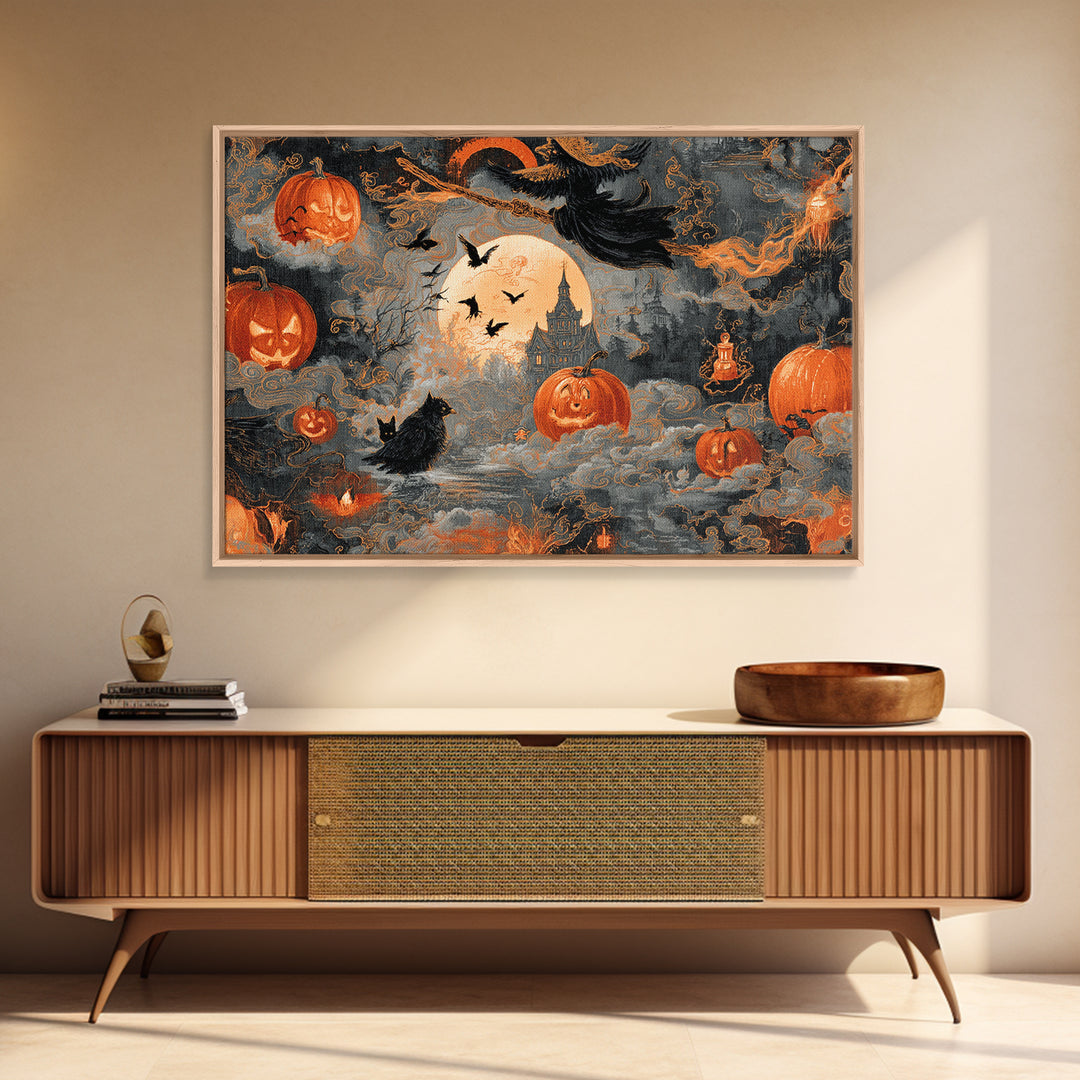 Vintage Orange-And-Black Halloween, Visionary Gothic Art, Landscape Wall Art, Macabre Wall Art, Canvas Print, Halloween Wall Art