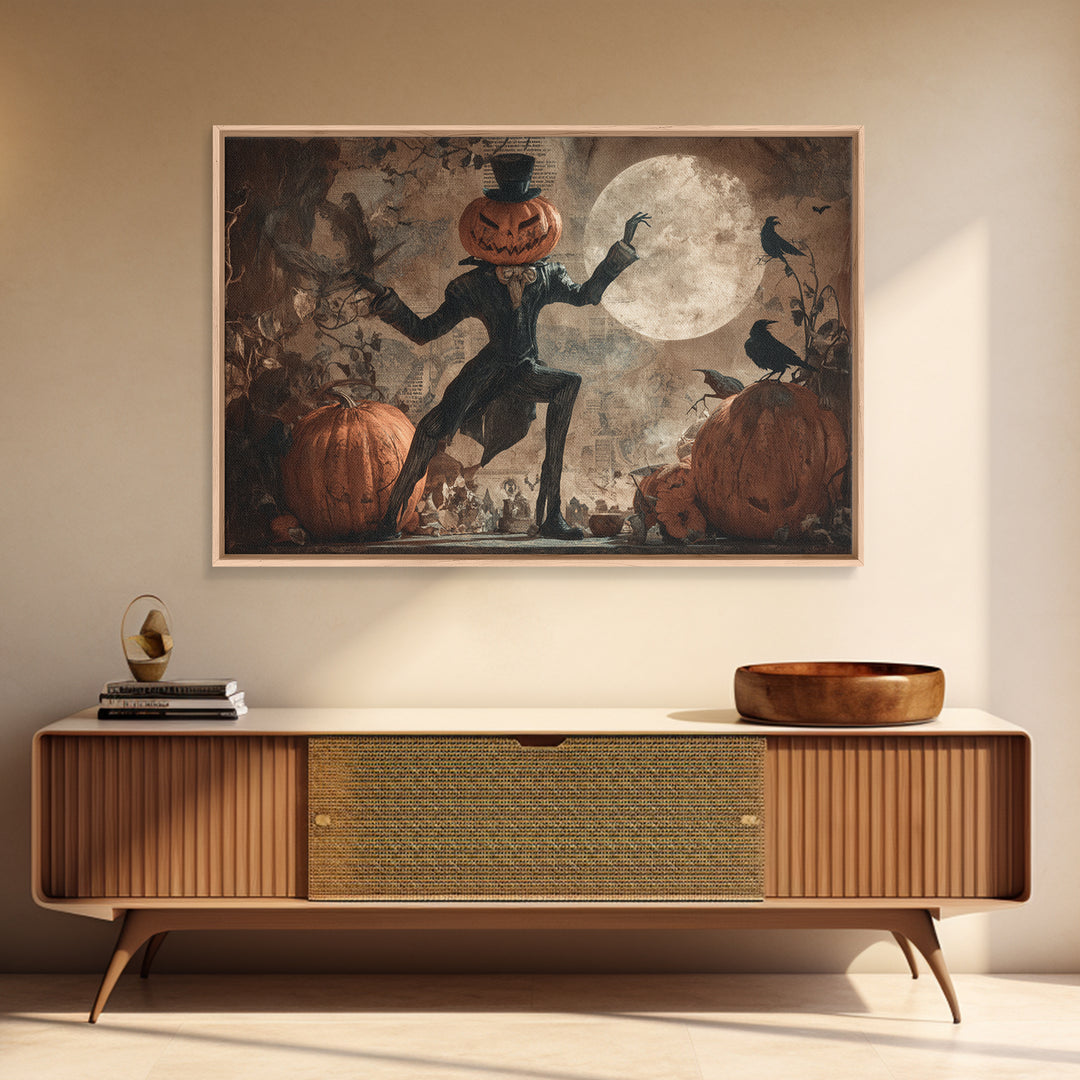 Vintage Orange-And-Black Halloween, Expressionist Nightmare Art, Landscape Wall Art, Dark Fantasy Wall Art, Framed Canvas Print