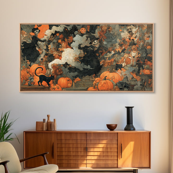 Vintage Orange-And-Black Halloween, Grotesque Carnival Art, Wide Panoramic Art, Macabre Wall Art, Framed Canvas Print, Halloween Wall Art