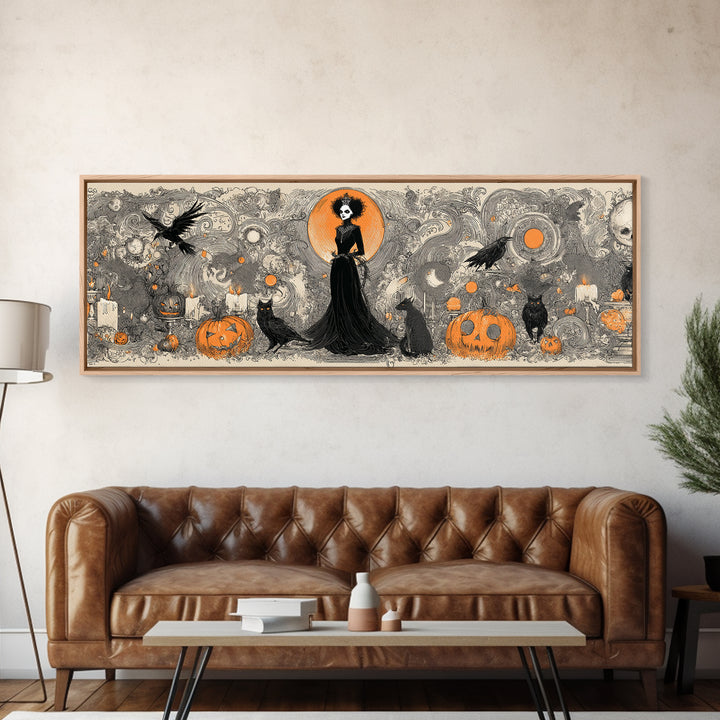 Vintage Orange-And-Black Halloween, Decadent Line Art, Extra Wide Wall Art, Macabre Wall Art, Canvas Print, Halloween Wall Art
