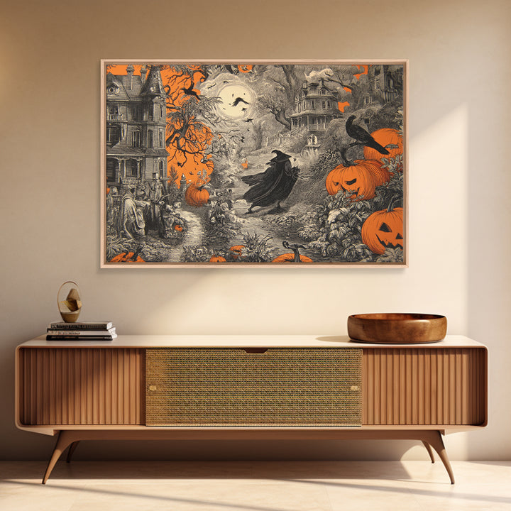 Vintage Orange-And-Black Halloween, Victorian Macabre Art, Landscape Wall Art, Macabre Wall Art, Canvas Print, Halloween Wall Art