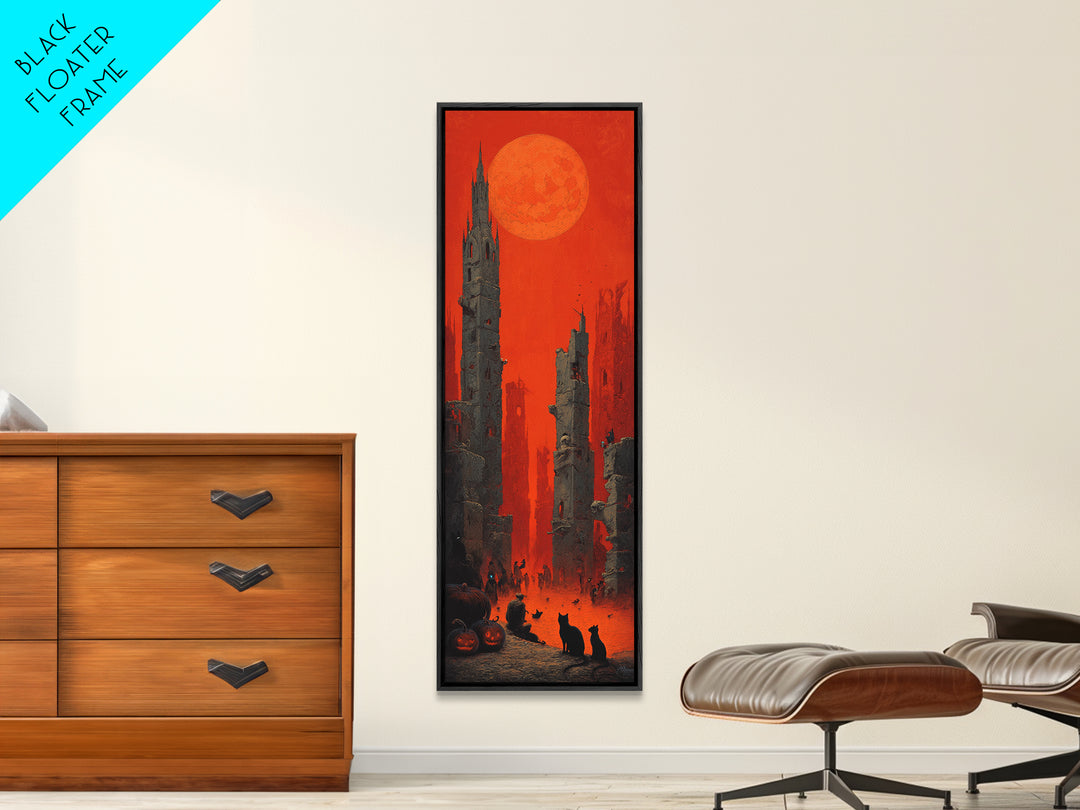 Vintage Orange-And-Black Halloween, Surreal Apocalyptic Art, Tall Narrow Wall Art, Macabre Wall Art, Framed Canvas Print