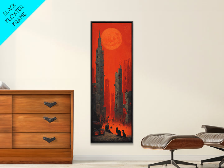 Vintage Orange-And-Black Halloween, Surreal Apocalyptic Art, Tall Narrow Wall Art, Macabre Wall Art, Framed Canvas Print