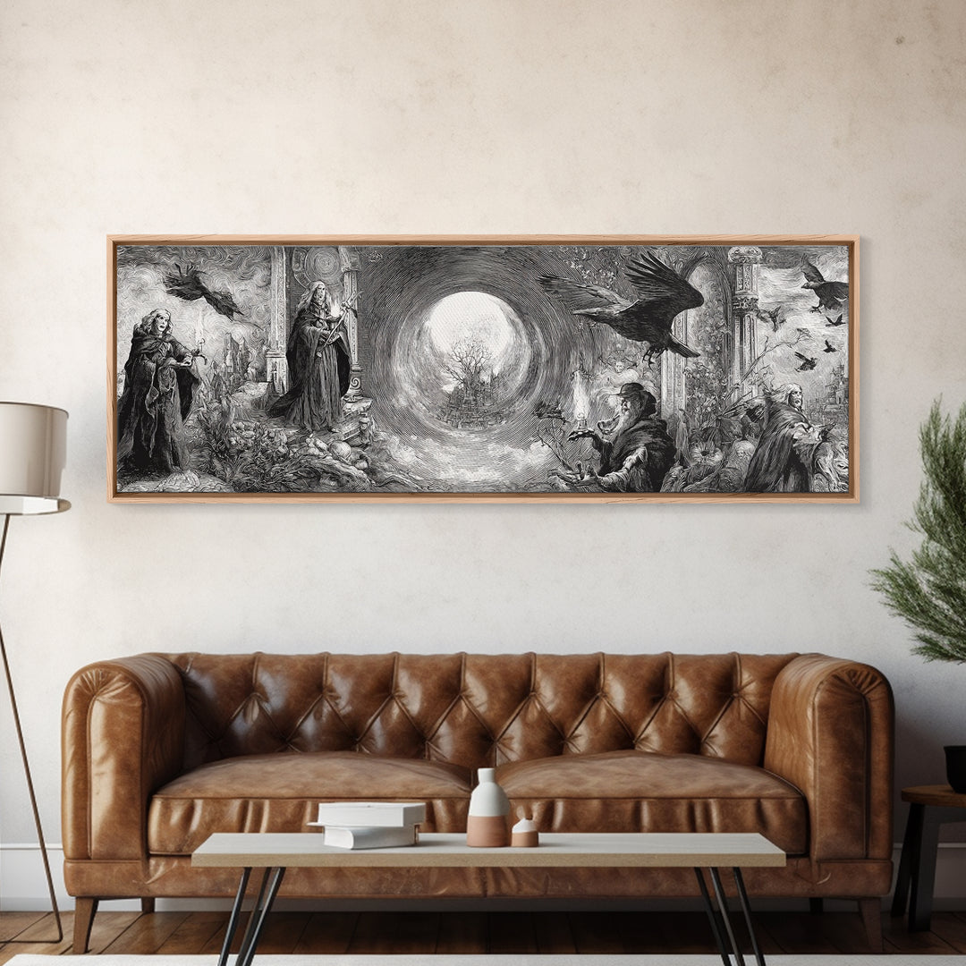 Monochrome Gothic Halloween, Renaissance Engraving Art, Extra Wide Wall Art, Gothic Horror Wall Art, Canvas Print, Halloween Wall Art