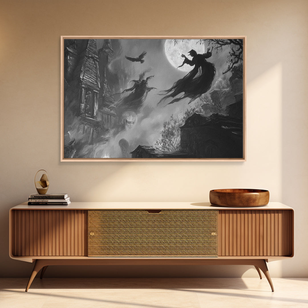 Monochrome Gothic Halloween, Expressionist Nightmare Art, Landscape Wall Art, Dark Halloween Decor, Framed Canvas Print, Halloween Wall Art