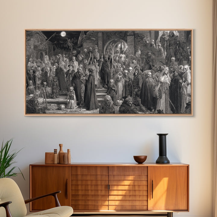 Monochrome Gothic Halloween, Grotesque Carnival Art, Wide Panoramic Art, Dark Halloween Decor, Canvas Print, Halloween Wall Art