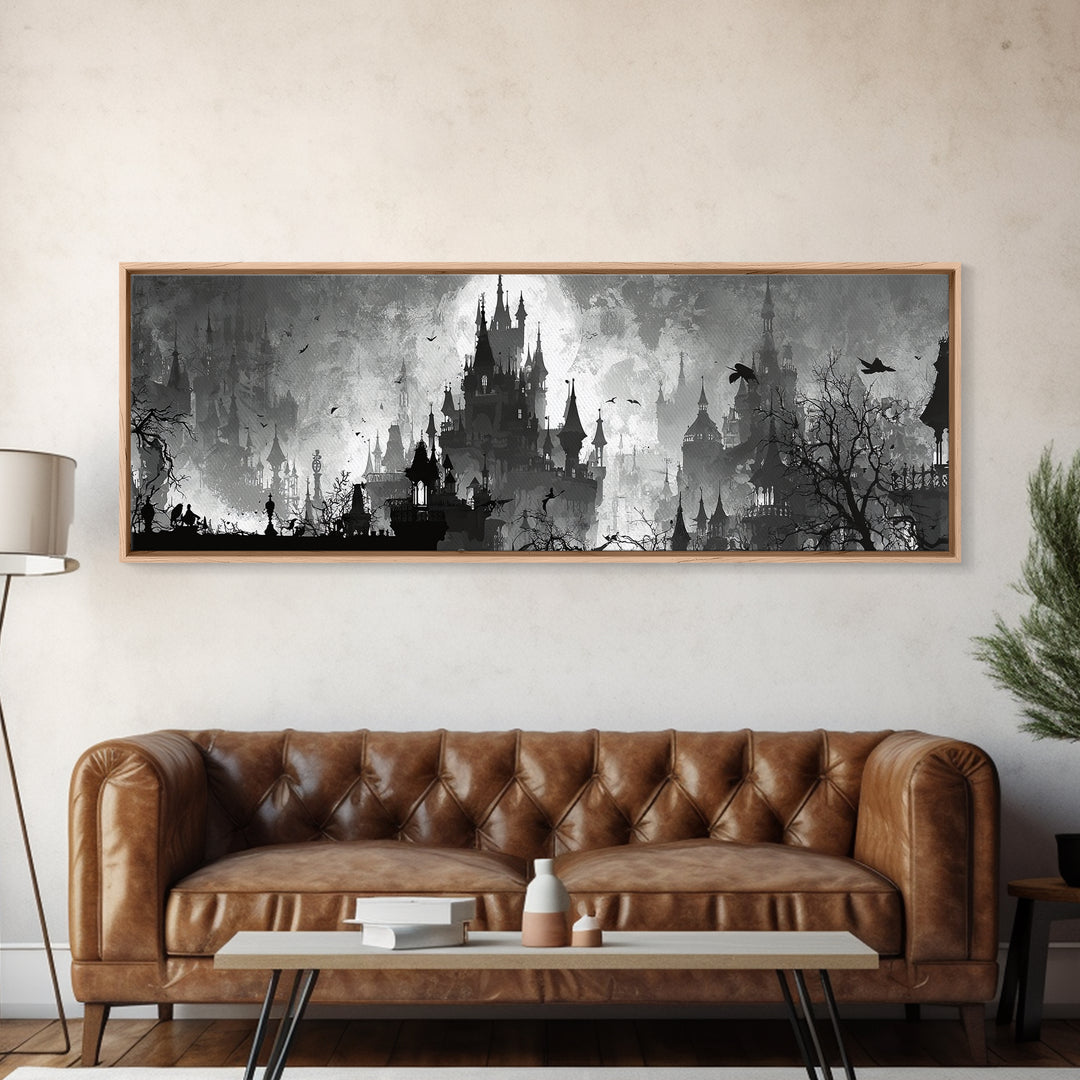 Monochrome Gothic Halloween, Decadent Line Art, Extra Wide Wall Art, Dark Halloween Decor, Canvas Print, Halloween Wall Art