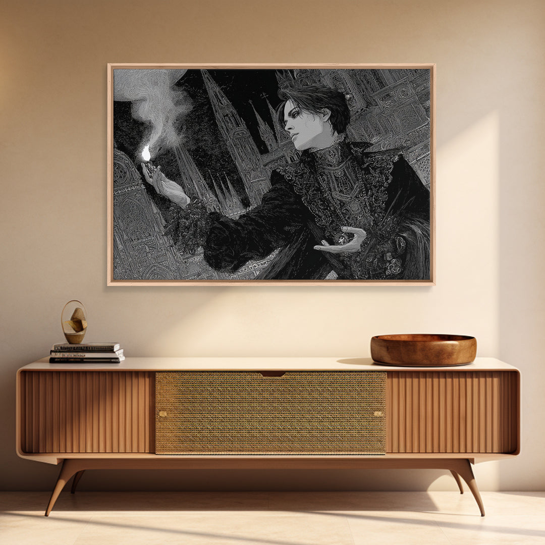 Monochrome Gothic Halloween, Stained Glass Gothic Art, Landscape Wall Art, Dark Halloween Decor, Framed Canvas Print, Halloween Wall Art