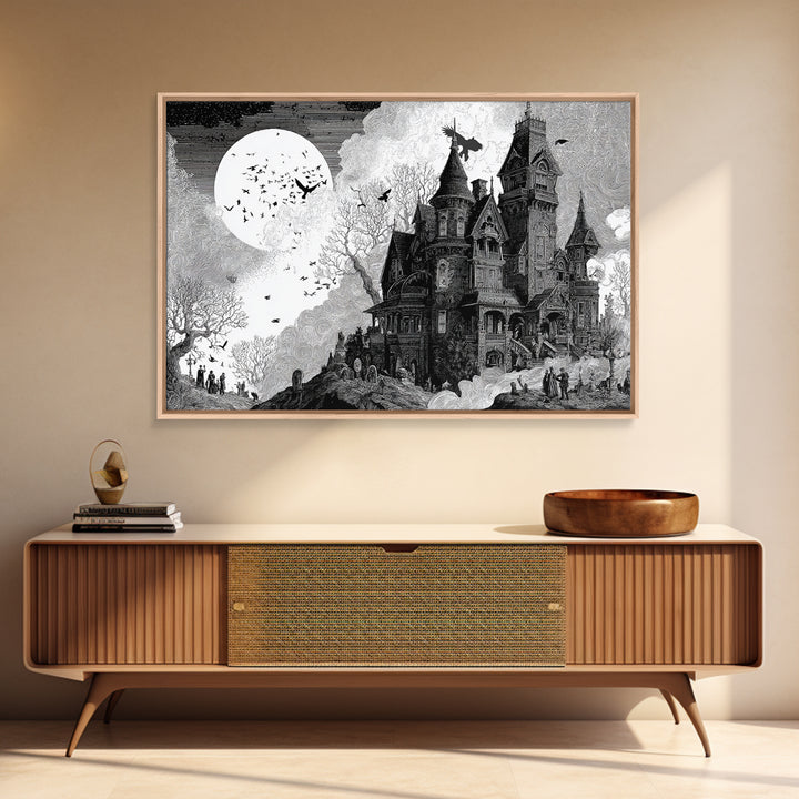 Monochrome Gothic Halloween, Victorian Macabre Art, Landscape Wall Art, Dark Halloween Decor, Canvas Print, Halloween Wall Art