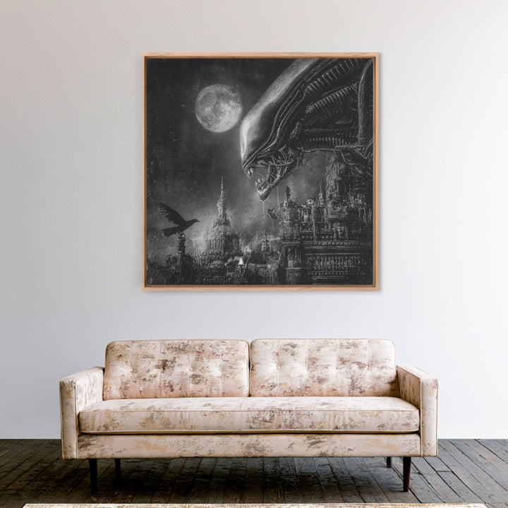Monochrome Gothic Halloween, Biomechanical Horror Art, Square Wall Art, Gothic Horror Wall Art, Framed Canvas Print, Halloween Wall Art
