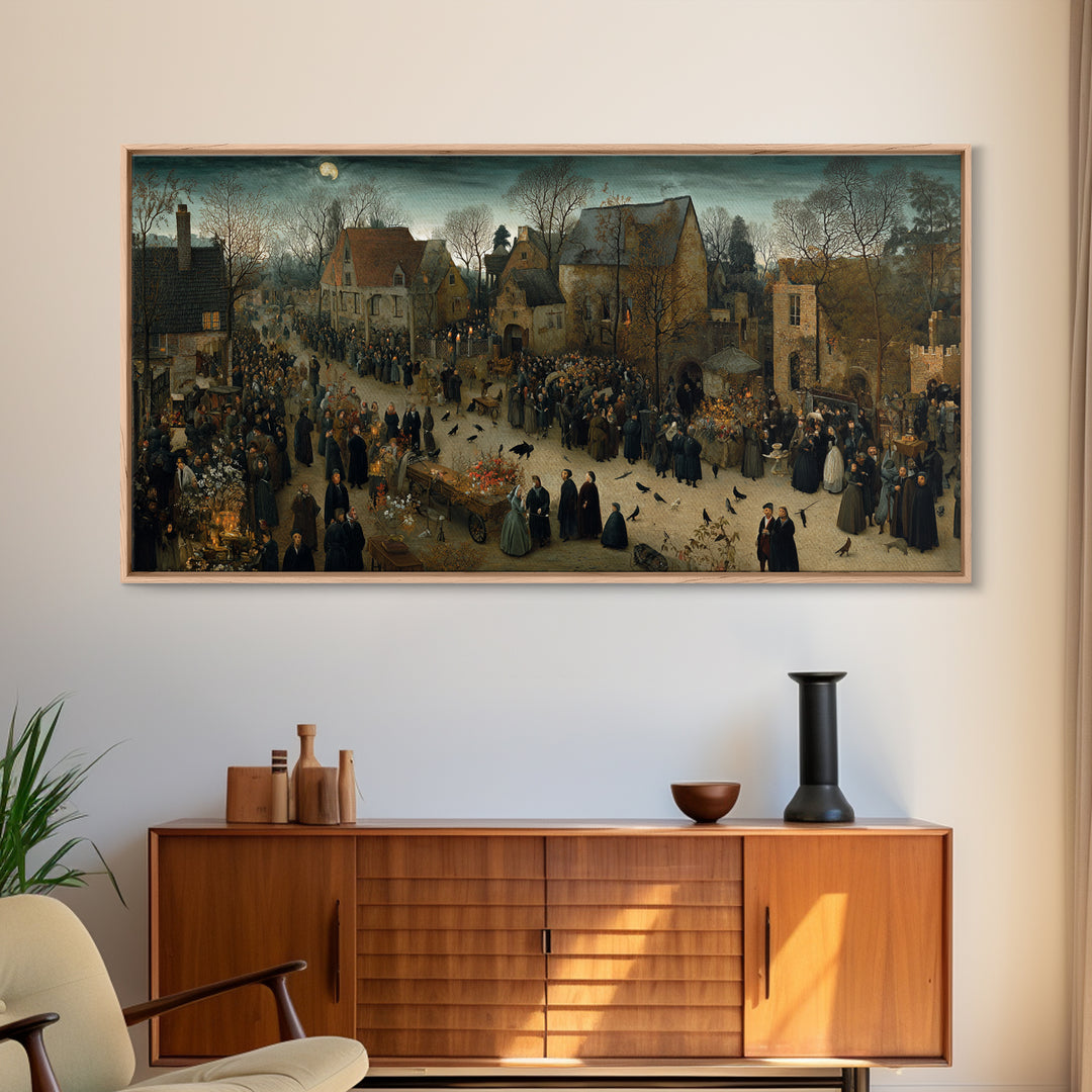 Victorian Mourning Halloween, Northern Renaissance Horror, Wide Panoramic Art, Macabre Wall Art, Framed Canvas Print