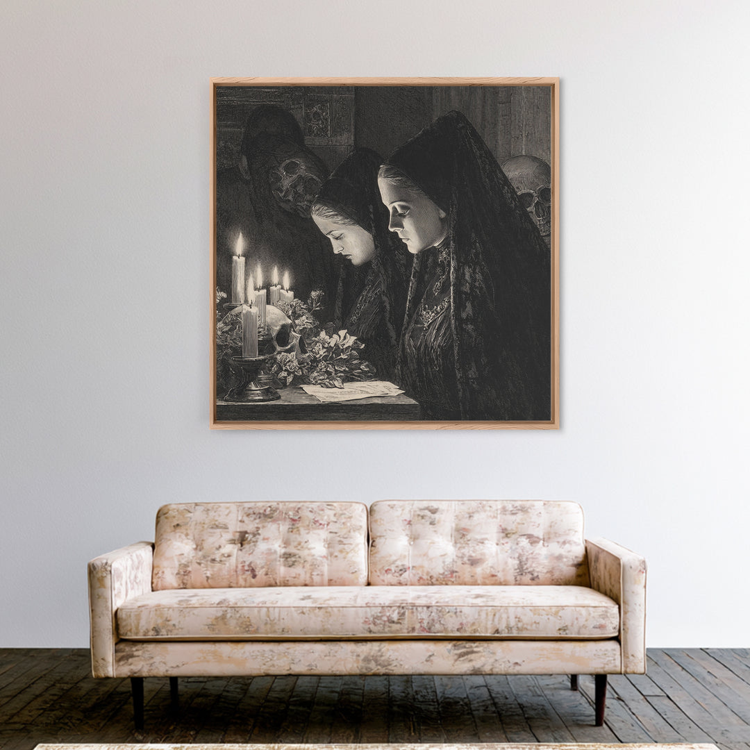 Victorian Mourning Halloween, Renaissance Engraving Art, Square Wall Art, Gothic Horror Wall Art, Canvas Print, Halloween Wall Art