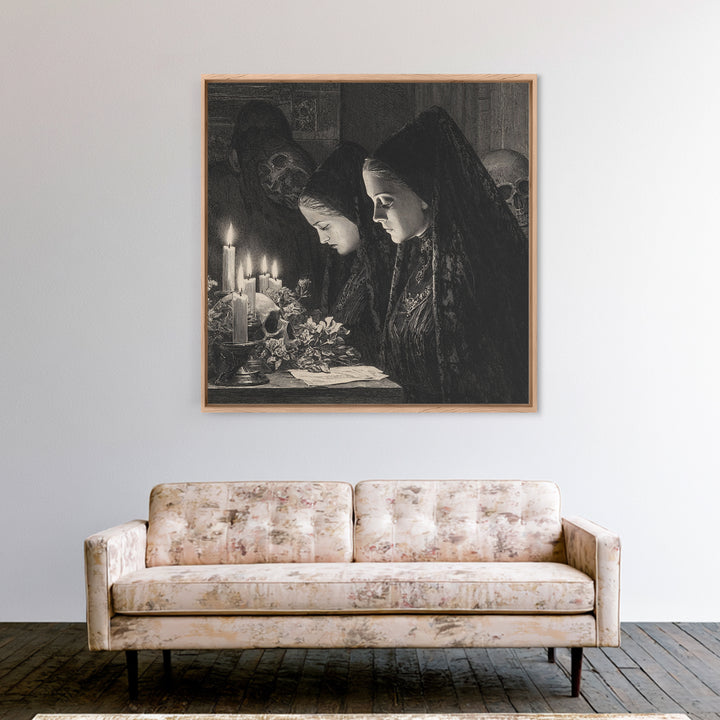 Victorian Mourning Halloween, Renaissance Engraving Art, Square Wall Art, Gothic Horror Wall Art, Canvas Print, Halloween Wall Art