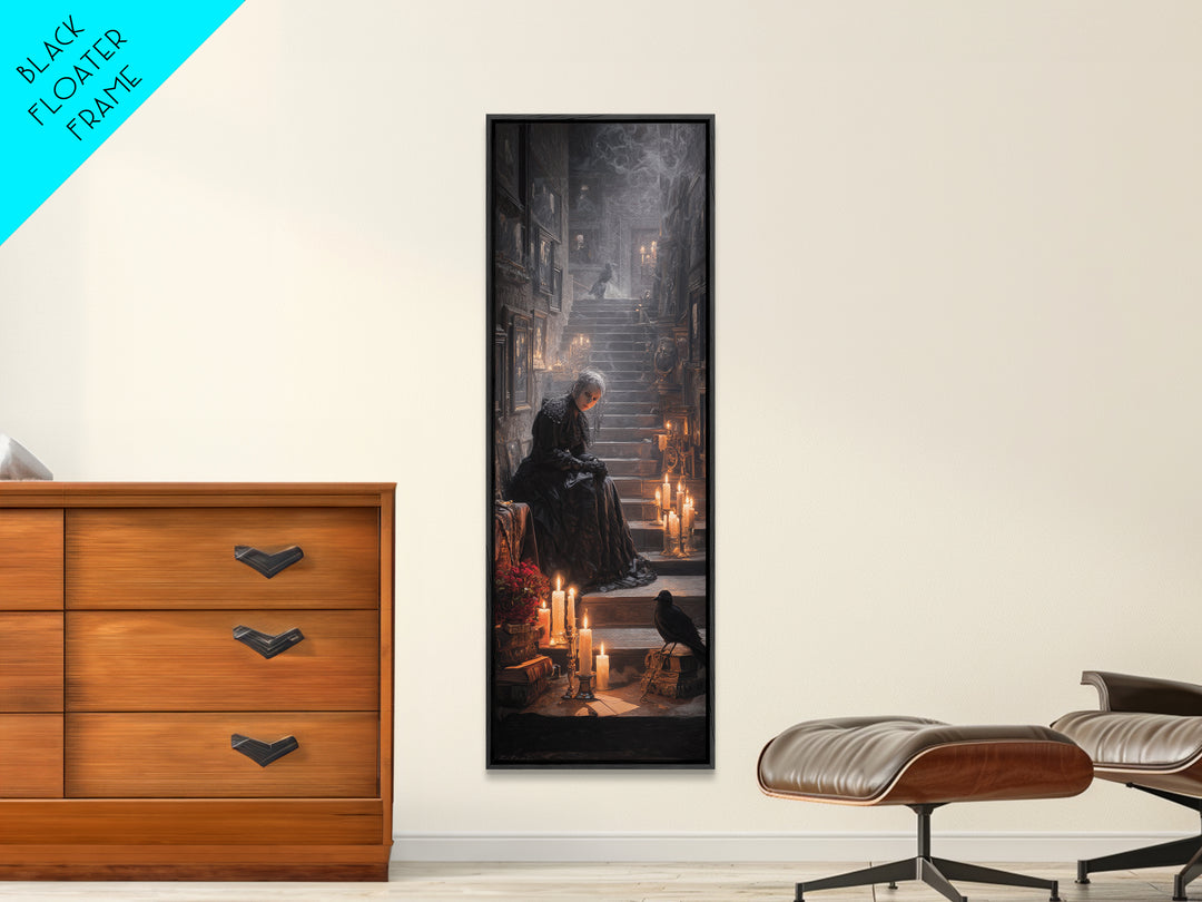 Victorian Mourning Halloween, Architectural Etching Art, Tall Narrow Wall Art, Gothic Horror Wall Art, Framed Canvas Print