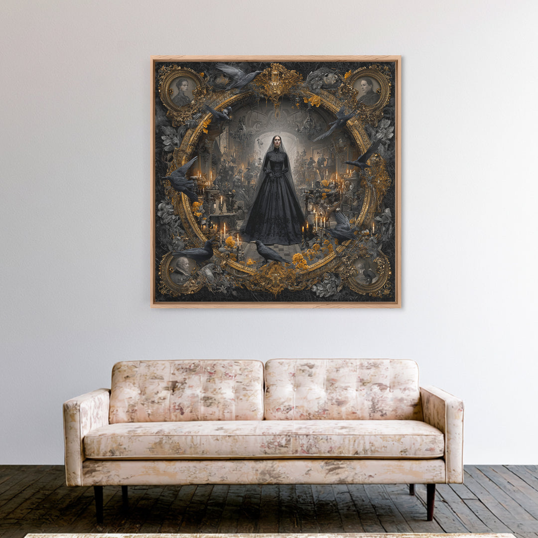 Victorian Mourning Halloween, Ornate Symbolist Art, Square Wall Art, Dark Halloween Decor, Framed Canvas Print, Halloween Wall Art