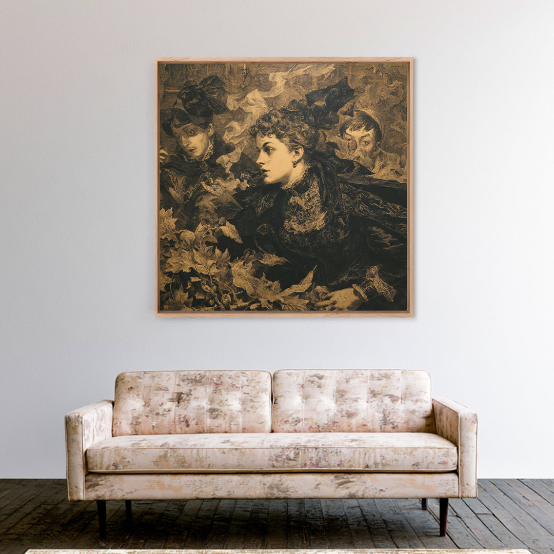 Victorian Mourning Halloween, Symbolist Etching Art, Square Wall Art, Dark Fantasy Wall Art, Framed Canvas Print, Halloween Wall Art