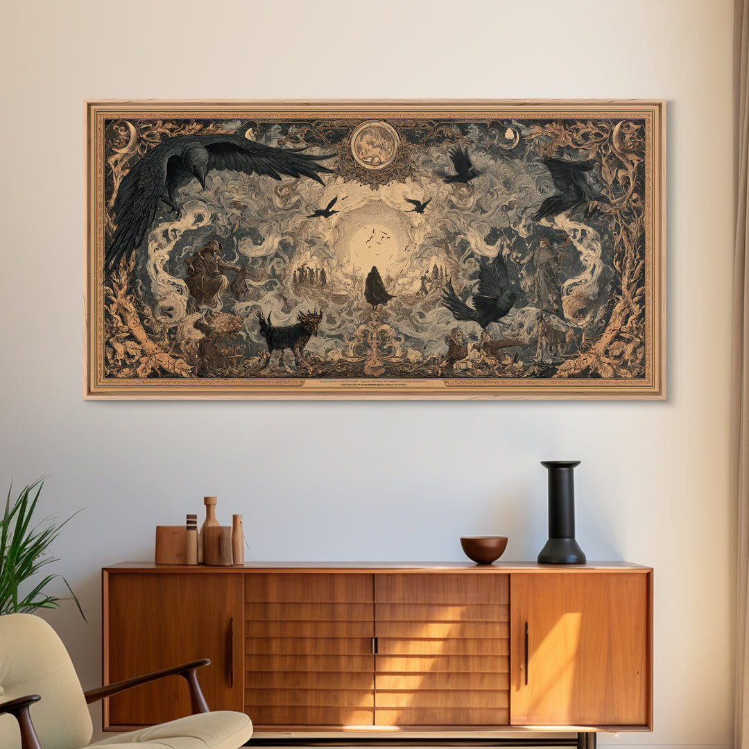 Art Nouveau Witchcraft, Northern Renaissance Horror, Wide Panoramic Art, Dark Fantasy Wall Art, Framed Canvas Print