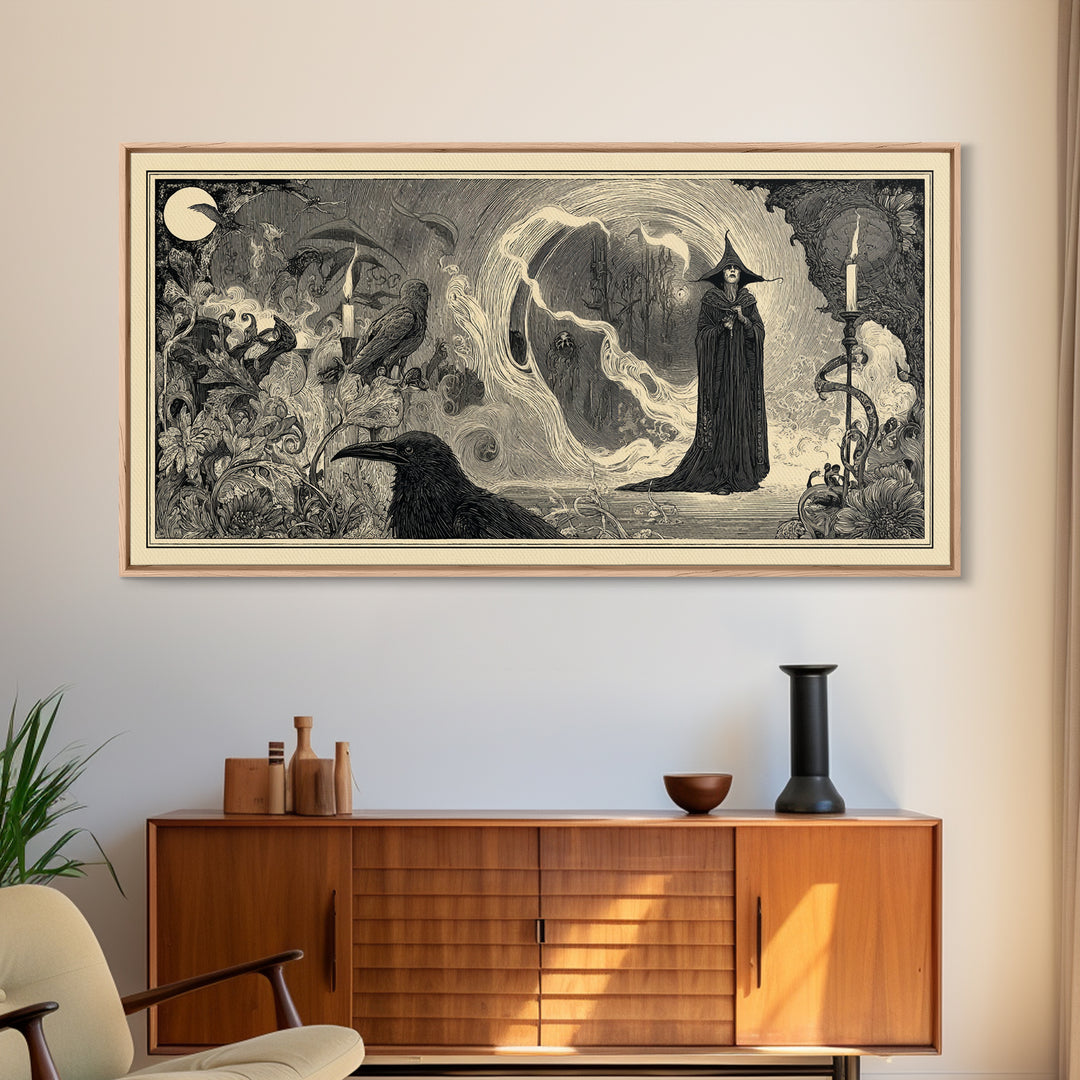Art Nouveau Witchcraft, Expressionist Nightmare Art, Wide Panoramic Art, Dark Halloween Decor, Framed Canvas Print, Halloween Wall Art